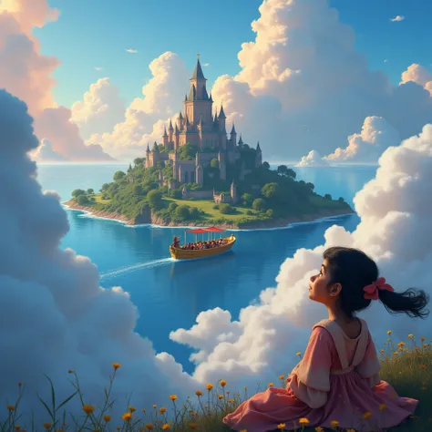 Meera dreams a story from her grandmother about the "Island of Dreams." The island looks dreamlike, situated amidst thick clouds, with a golden boat floating around it. Meeras face reflects hope and excitement.disney Pixar style 