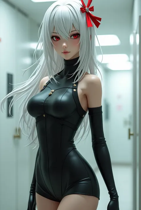 (Photorealism: 1.2) Nier android A2 wearing small black dress. White hair. Red ribbon laboratory background. 