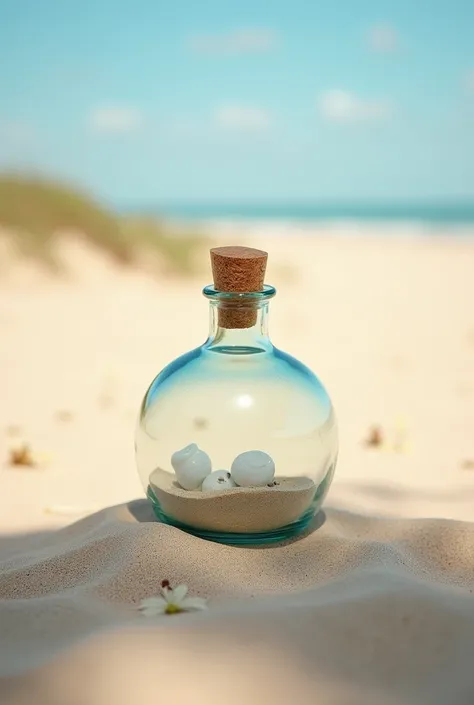 A glass wishing bottle is placed on a plain, flat beach with a light color， best quality， HD resolution ，ins style ，Happy color scheme ，Natural Light