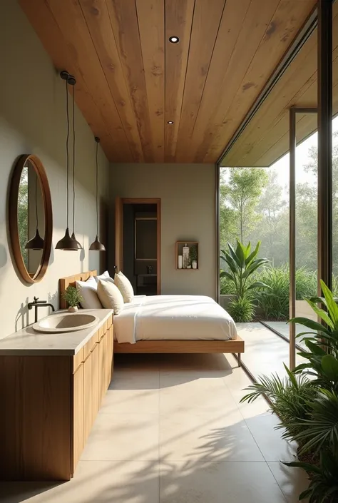 Create a unique ecofriendly spacious hotel  bathroom and bedroom 