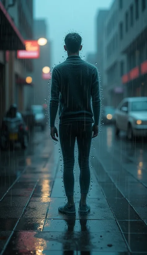  an invisible young man heard on the street in the rain, The raindrops on his body subtly mark his silhouette  