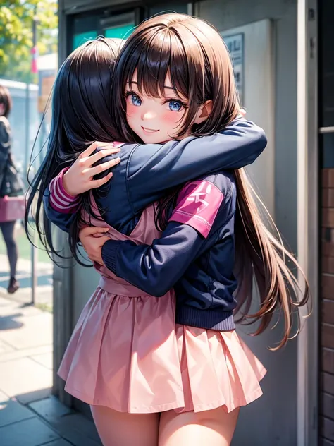  female middle school student，smile， beautiful girl，ＳＦGirls of the World， hugging each other，I&#39;m wearing a track jacket。 Hair Hanging Over Her Ears ， is wearing tights。 two girls， Im wearing leather yellow shorts。So beautiful，Super cute girl， Infinite ...