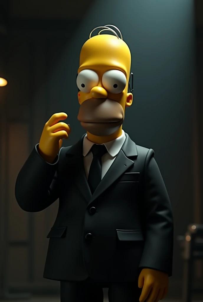 It generates an animated character known as Homer from the Simpsons in a half-dark place where he has a light shining in his face,  and that the character is looking down and with one hand up , Also that he has a black suit 