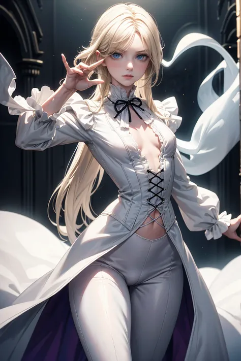 MALE, ghost, solo androgynous man, soft delicate features, male, beautiful femboy, fully clothed in victorian clothes, thin waist, no muscles, bulge in pants, white victorian blouse, blushing, long flowy blonde hair, uneven bangs over one eye, ghostly pale...