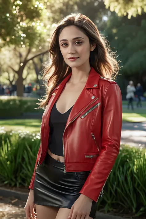 a gorgeous woman (Emmy Rossum), beautiful woman, skinny, (Masterpiece, best quality, photorealistic, highres, professional photography:1.4), (open short Red leather jacket:1.25), (short tight Red tank top:1.1), (Slit skirt jeans:1.2), (stiletto heels:1.3),...