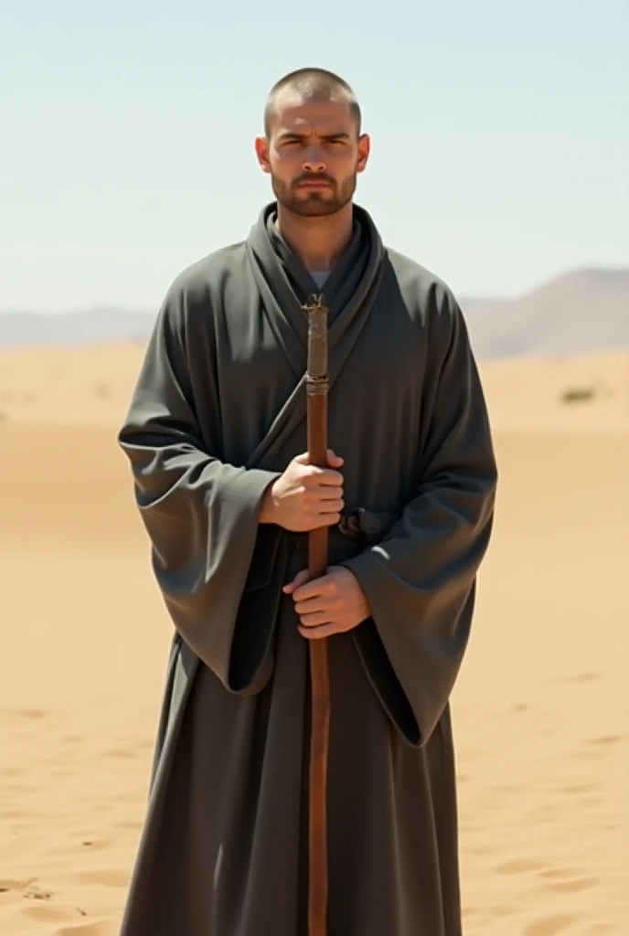 1 male monk, shaved head, very short beard, wearing a dark grey robe, he is holding a simple wizardstaff, 26 years old, desert background