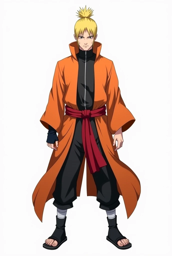 Create a warrior in the style of anime Naruto Shippuden, with blonde hair tied in a high bun and intense, determined eyes. He wears a long orange robe tied at the waist with a red sash, over fitted black pants. Traditional ninja sandals complete his look, ...