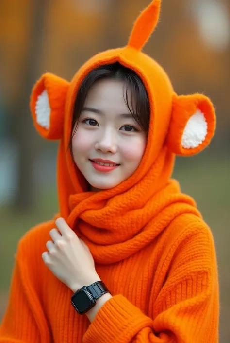  A very beautiful Korean woman with clean white skin. wearing orange knit hoodie , wearing orange hijab  , teletubis shaped hijab  , black watch sitting posing smiling sweet eyes staring at camera,  original photo bokeh background 