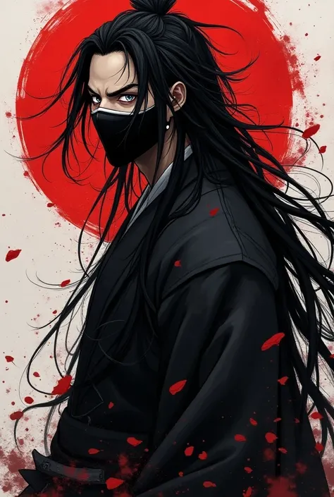 He has piercing sharp monolid eyes, japanese, long mane of dark hair, half vertical face mask, marked by battle scars and a chilling authority. He stands tall with a muscular physique, completely white eyes with no pupils, the colors around him are red whi...