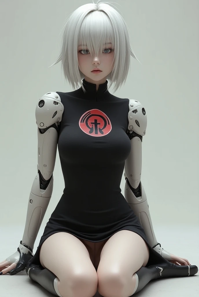 (Photorealism: 1.2) Nier android A2 wearing small black dress. White hair. Legs spread. Dragonball Red ribbon symbol on dress. 