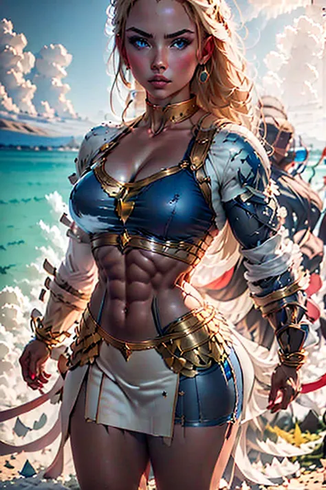 greek amazon woman in her 20s, blond haired ,  blue eyes , high, muscular,  medium breasts, wearing greek armor