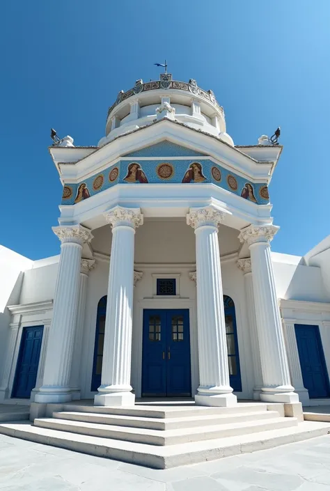  An elegant building with a base that resembles the Doric columns of the Parthenon, in Athens.  The façade is white and blue ,  referring to the typical buildings of Santorini ,  while mosaics of Greek gods , how Zeus and Athena ,  decorate the upper areas...