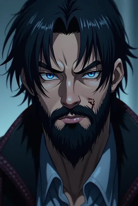 man, blue eyes ,Black hair,Very handsome ,Medium length black beard , left cheek scar, serious faces,Cool outfit, อนิเมะ