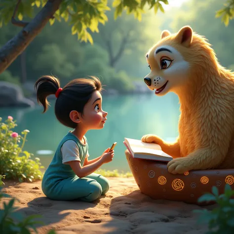 By the riverbank, Meera is reading a book, and a golden boat arrives, floating gently. The water is calm and clear, and the boats surface is decorated with deep circular designs glowing softly in the light.Disney Pixar style 