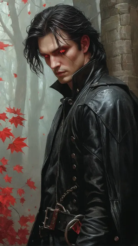 Crooked image of a man in a black leather jacket and a red maple,  dark fantasy style art ,  gothic fantasy art ,  dark fantasy art , in style of  dark fantasy art , Raymond Swanland style, Tom Bagshaw Donato Giancola,  dark fantasy mixed with realism ,  G...