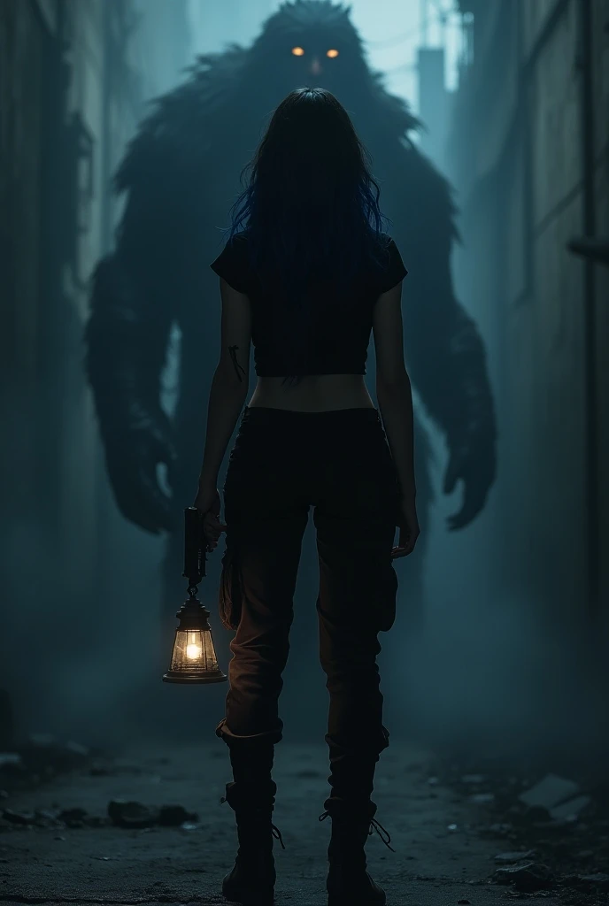  create a realistic dark art poster ,  where the main character is a woman with wavy and long black hair with very dark blue highlights,  and wearing a black outfit , cargo pants and boots. She is in a post-apocalyptic city at night,  with fog being illumi...