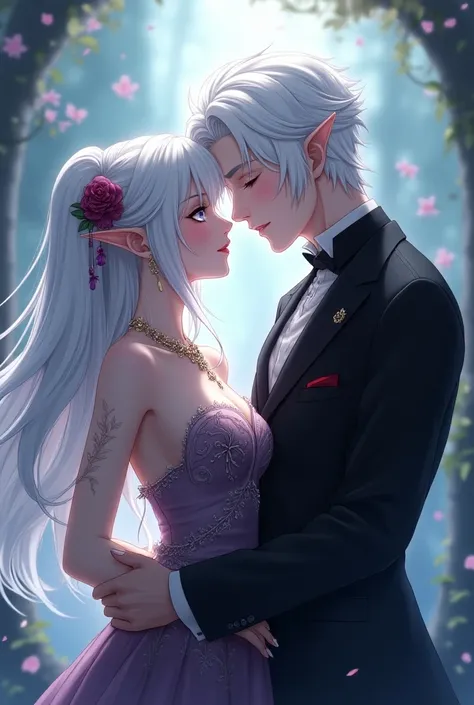 Create an anime that is an elf and a vampire ,  with white hair and wearing pre-made clothing