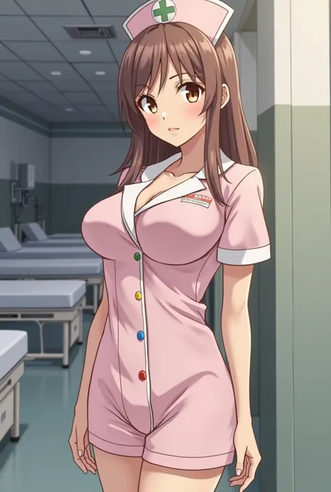 Adult woman with long brown hair tied with light brown eyes with large breasts wearing a uniform of Russian sickness showing a little of her cleavage at the bottom of empty anime-style hospital beds