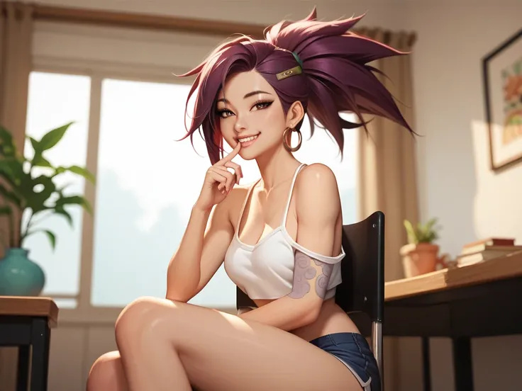 Akali characters from lol, sitting on chairs, malicious smile, signaling with the finger for you to come closer