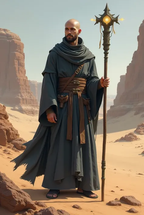 1 male monk, shaved head, very short beard, wearing a dark grey robe, he is holding a wizardstaff, 26 years old, desert background