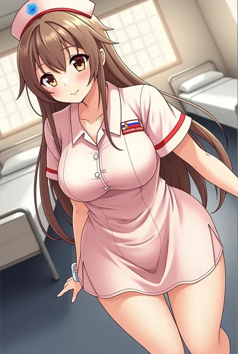 Adult woman with long brown hair tied with light brown eyes with large breasts wearing a uniform of Russian sickness showing a little of her cleavage at the bottom of empty anime-style hospital beds