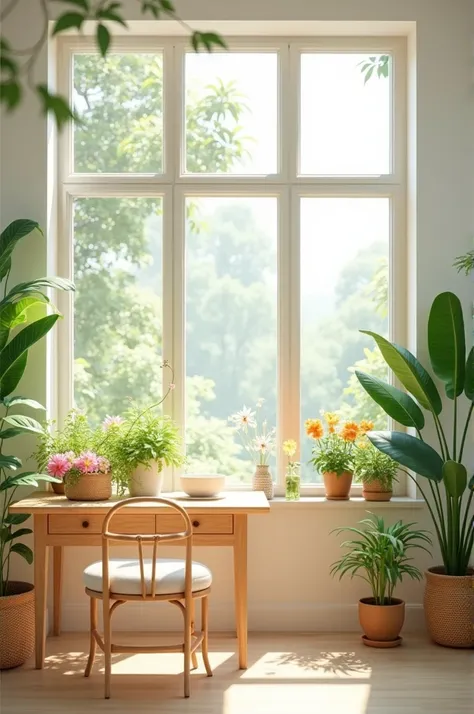  Create an image of a bright and airy room ,  with white walls and large windows that let in sunlight.  A light and polished wooden table with a comfortable chair ,  surrounded by green plants and colorful flowers .  The environment should convey a sense o...