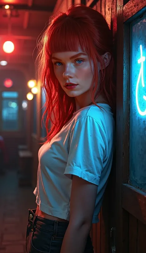 red hair, vibrant blue eyes, pale white skin, full body, rocker outfits, dark night scene, high detail RAW color artwork, detailed skin, intricate details, fine details, hyperdetailed, subsurface scattering, soft diffuse lighting, red and blue spotlights, ...