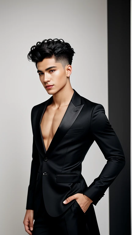  Ultra-realistic artistic portrait of a young man with striking masculine features and singular beauty. )He wears a vibrant black body , fair and elegant,  decorated with small shiny metallic details that add sophistication .  its hair is short ,  with def...