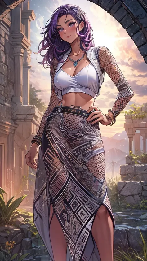 ((masterpiece, best quality:1.3, high detail)), beautiful woman, smirk, looking at viewer, long wavy hair, (purple hair), hairpin, bright purple eyes, light blush, (white leather jacket crop top), (black midi pencil skirt), midriff, navel, necklace, bracel...