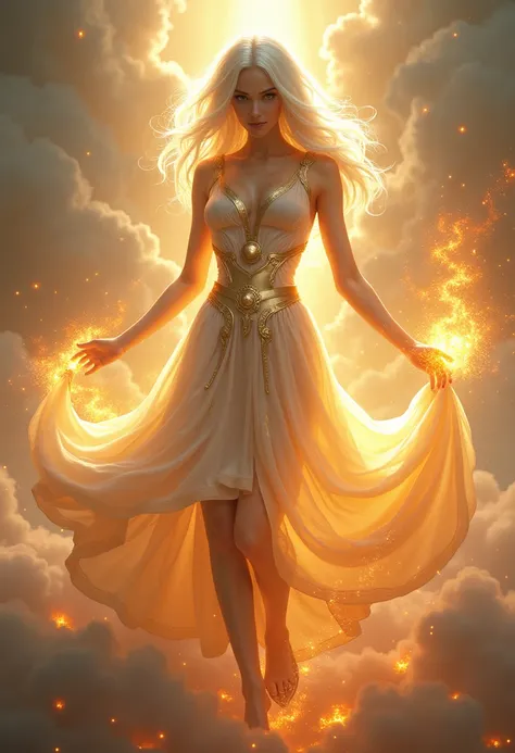 "  A dazzling and powerful sorceress with beauty ethereal  , approximately 25 years old, with snow-white hair flowing in waves and glowing golden eyes. She wears an elegant, .  An ethereal dress with a mixture of silver  , gold, ,   similar to a heavenly s...