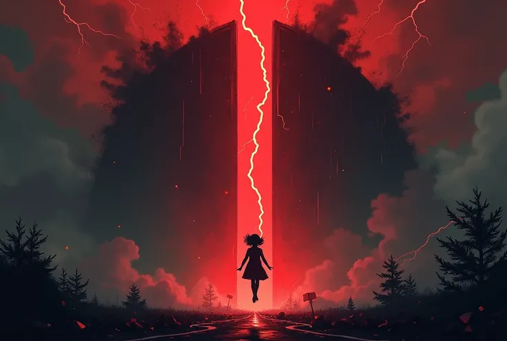 "A dramatic scene inspired by Stranger Things Season 2, with a minimalist style similar to Olly Moss. The image is viewed from the side, showing Eleven levitating in front of the massive gate to the Upside Down. Her nose is bleeding, and she is surrounded ...