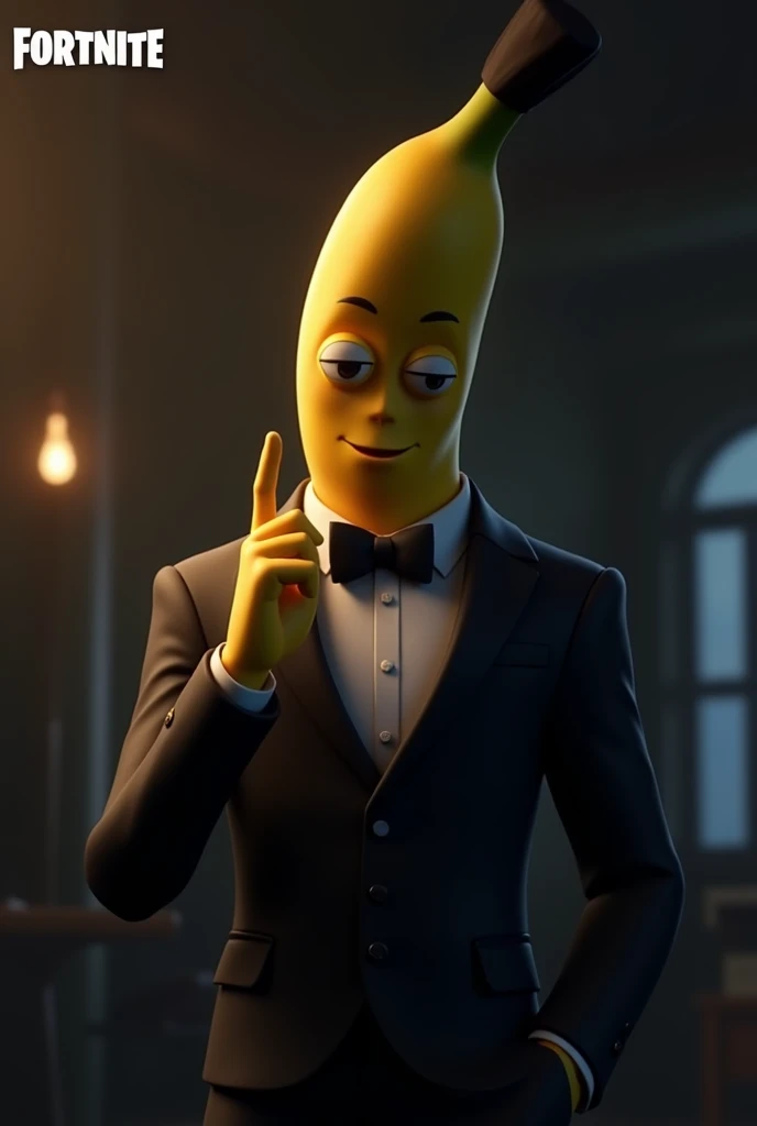 Generate an animated character known as Bananin from Fortnite in a half-dark place where he has a light hitting his face,  and that the character is looking down and with one hand up , Besides that he has an elegant suit 