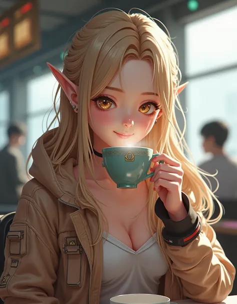 Beautiful and realistic  girl with long wavy blonde hair、Cyberpunk style、Smiling Japanese girl、Now coffee time、Holding a steaming cup of coffee、Relaxed and smiling。Futuristic design of a mecha girl in a dynamic pose with her whole body。
Negative prompt
bad...