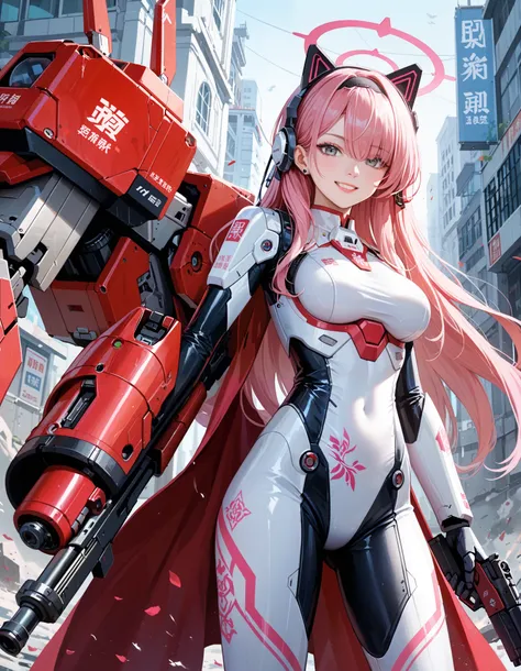 plana (blue archive),hair over one eyes,grey eyes, 1girl,chinese text,pink hair,weapon,gun,solo,holding weapon,holding gun,red eyes,holding,mechanical arms,bodysuit,breasts,smile,science fiction,hairband,tattoo,simplified chinese text,android,fake animal e...