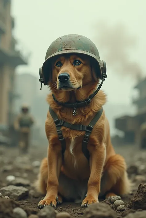 A half-blurry caramel dog without much realism with a helmet in the middle of a war 