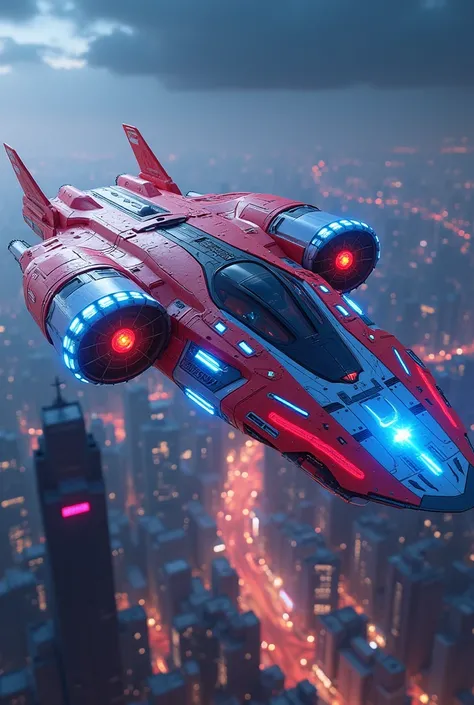 Modified starship Divina Emcon red blue and white and bright lights in the skies of a modern city 