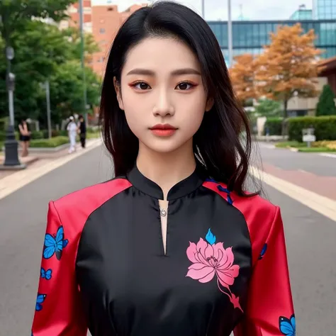 a woman in a สีแดง shirt and black pants posing for a picture, สีแดง shirt, สีแดง elegant shirt, wearing สีแดง clothes, wearing สีแดง attire, สีแดง clothes, สีแดง, wearing สีแดง formal attire, wearing a สีแดง outfit, wearing สีแดง, bright สีแดง, สวมเสื้อเช...