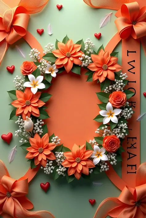 3d rendering of flowers with a symmetrical arrangement that is truly eye-catching. The center banner is decorated with luxurious orange elements, including vibrant poinsettia, romantic green and white plumeria, delicate white babys breath, and elegant whit...