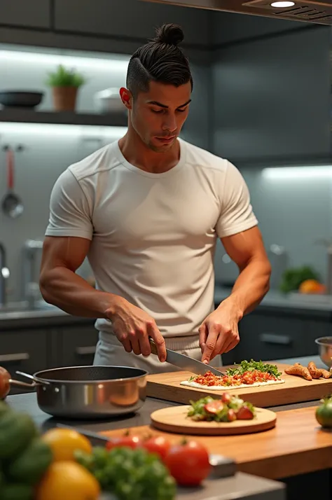 Cristiano Ronaldo is making food in kitchen