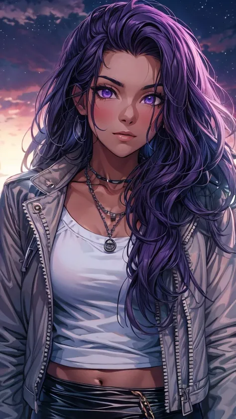 ((masterpiece, best quality:1.3, high detail)), beautiful woman, smirk, looking at viewer, long wavy hair, (purple hair), hairpin, bright purple eyes, light blush, (white leather jacket crop top), (long black midi pencil skirt), midriff, navel, necklace, b...