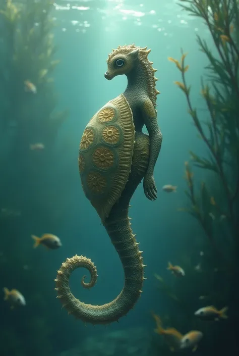 A human woman with the characteristics of a turtle and a seahorse,  emanating serenity and aquatic grace .  Its upper part is humanoid ,  with a round and shiny shell on her back ,  decorated with patterns that crown and submerged reefs .  Her arms are sle...