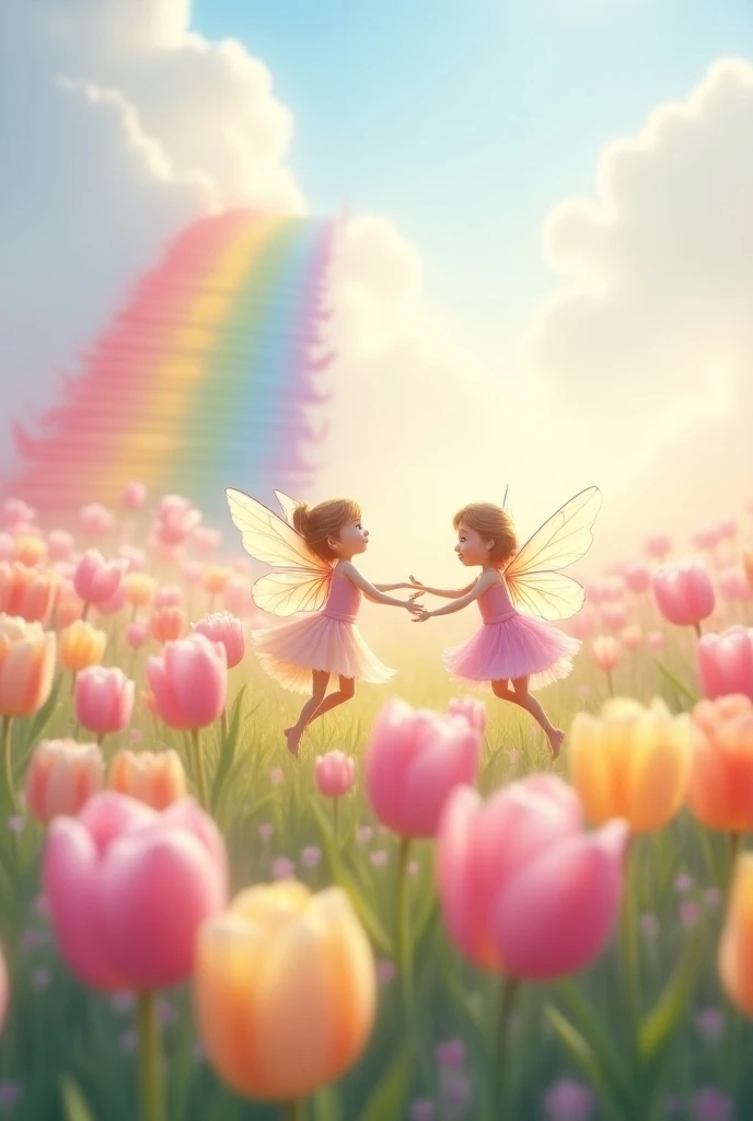  Tulip Fairies in the Tulip Field 　　 High Quality 　 pastel colors 　There are lots of tulips in the frame 　 The sky is light blue and pink, and a rainbow staircase goes to the sky in the back