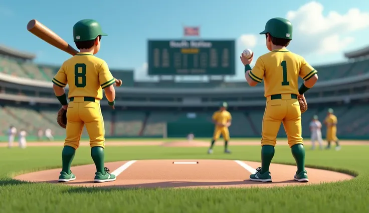 Australia and South Korea baseball team standings with ball and bat in hand on the pitch of baseball 