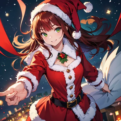 （In 8K, best quality, muste piece:1.2), ultra high resolution,1 female, ultra-detailed face,detailed, illustration style, dark red straight hair, long crossed bangs, hair band, green eyes, smile, Santa Claus costume, holding present in hands, Christmas ill...