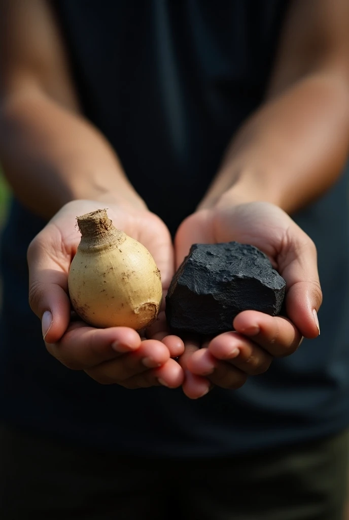 cassava in the right hand and coal in the left hand