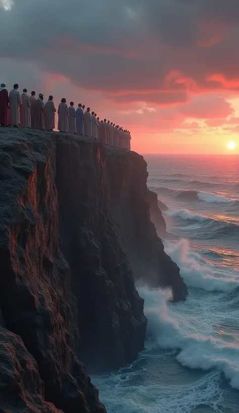 (photorealism:1.2),  a very crowded group of people dressed in ancient jewish robes standing on a cliff, looking at the big choppy sea , dark sky atmosphere there is a reddish light , dusk, cinematic panoramic image .