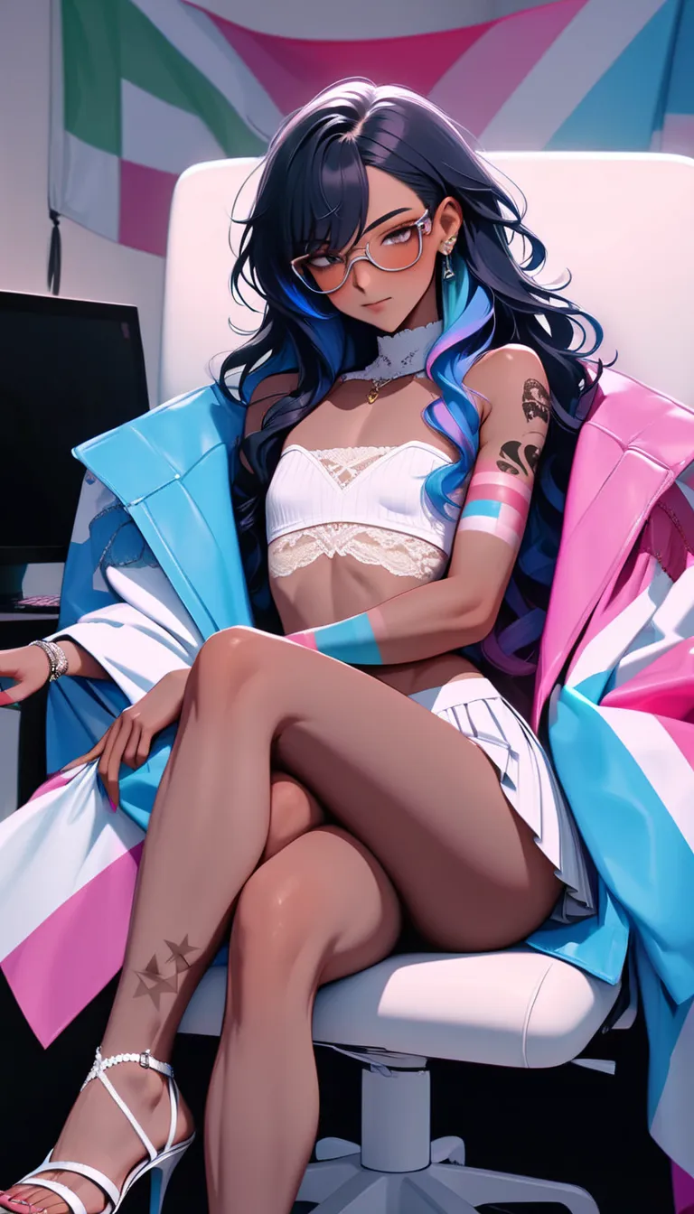 trans woman ((Adult transgender women)): Trap, Otoko no ko, (Very short pleated miniskirt. Lace strapless cropped top. ((eye glasses)). Brown eyes, showing the whole body, brown skin color, Black long wavy hair. ((Clothes with the colors of the trans flag,...