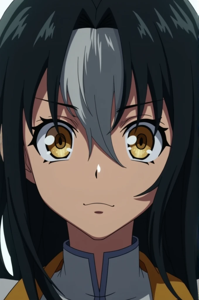 Screenshot of My hero academy anime, woman in her 28 years old, long black hair with a silver lock, golden eyes.