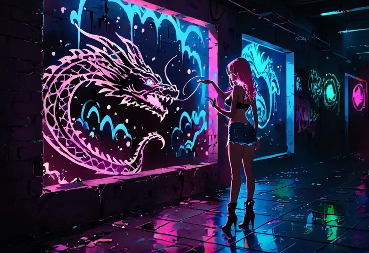 artist by Megan Hess,(blue fluorescent Graffiti of mysterious dragon :2.0)，indoor，Fluorescent illumination， (Darkness shrouded, black background, shadow, extreme darkness, Dark atmosphere：3.0),Wall background，black background，silhouette，shadow，extreme dark...