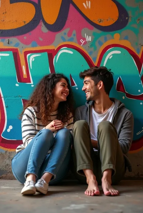 Two people sat on the floor, turned forward, laughing at each other. The background was a wall with graffiti.